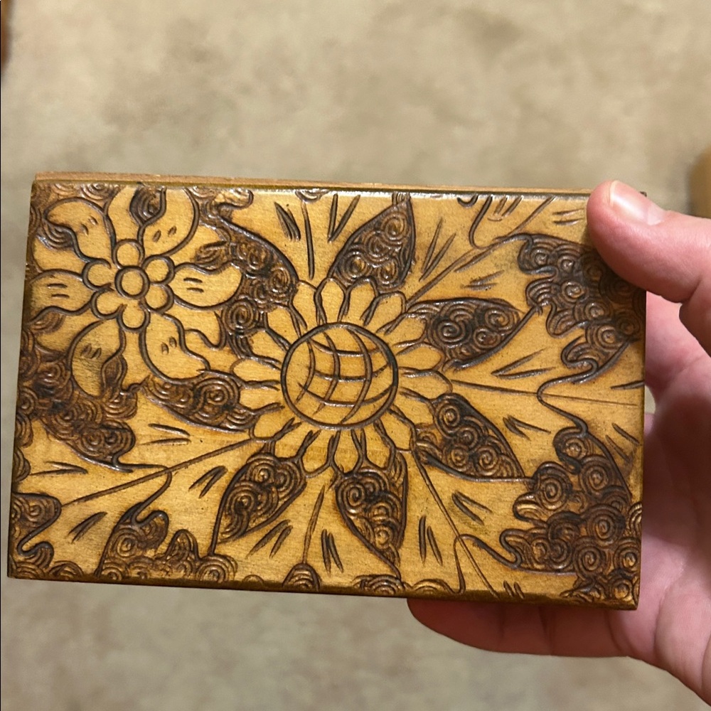 Hand-carved wooden trinket or jewelry box, Polish folk art origin 6”x4”x2”